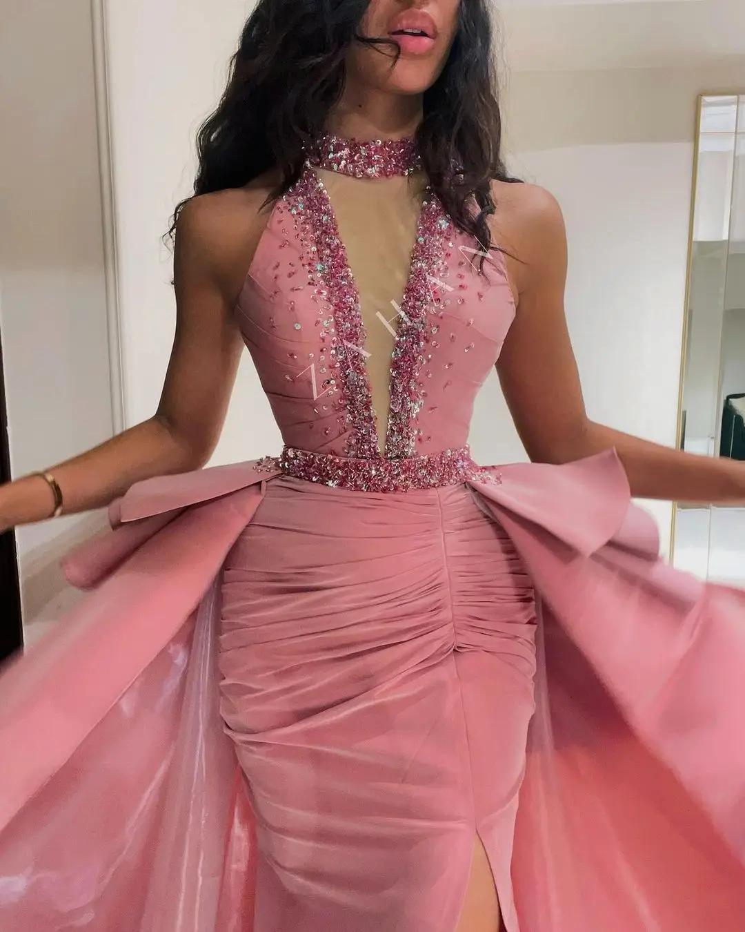 Lovestory Ruched Side Slit Long Mermaid Prom Dresses Beaded Sequins Evening Dress Overskirts Vestidos Para Eventos Speciales