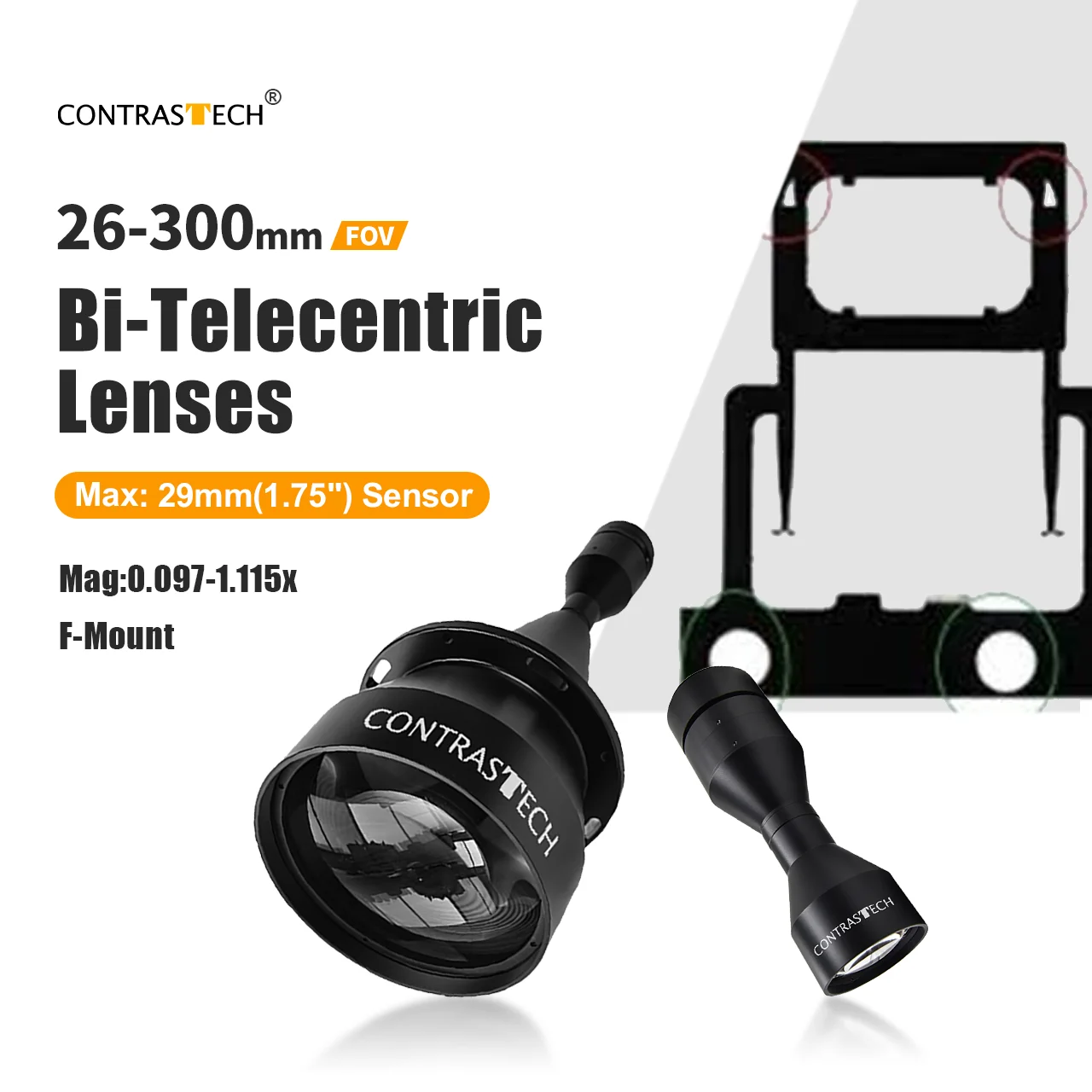 Large Format 4/3'' Bi-Telecentric Lens 1.75'' Sensor M42 M58 FOV 26–300mm AOI Precision Measurement Industrial Vision Len BTL175