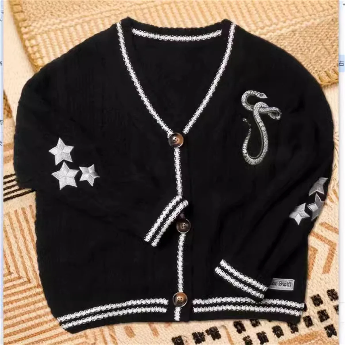 

Black Cute Lantern Sleeve Knitted Cardigan Embroidered Button Down Cable Knit Sweater Women Autumn Winter Vintage V-neck Outfit