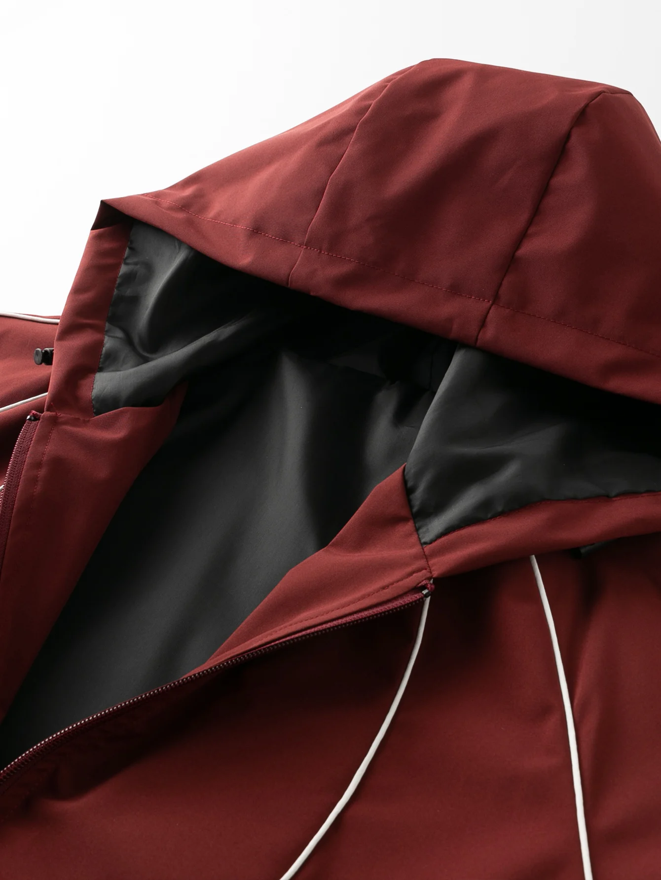Herren-Streetwear-Jacke mit Kapuze, mehrfarbig, mit weißen Konturlinien, elastischen Bündchen und Saum, lockerer, winddichter Mantel, verstellbare Kapuze mit Kordelzug, lässige Sport-Oberbekleidung für den Herbst. – Detail 3
