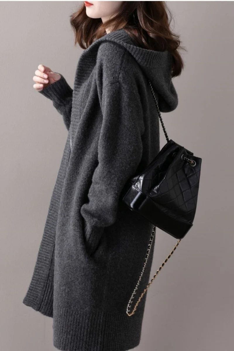 

100% Merino Wool Women's Cardigan Long Loose Autumn Winter Thick Warm Casual Knitted Cashmere Sweater Hooded Jacket