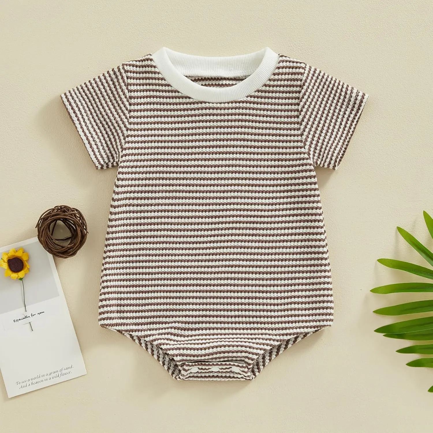 Unisex Baby Boy Girl Striped Romper Waffle Short Sleeve Bubble Oversized Romper Bodysuit Summer Onesie Clothes