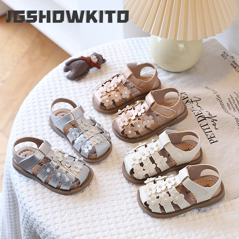 JGSHOWKITO Girls Floral Sandals Cut-outs Hollow Beach Shoes for Little Kids with Flowers Anti-kick Soft Non-slip Princess Sweet