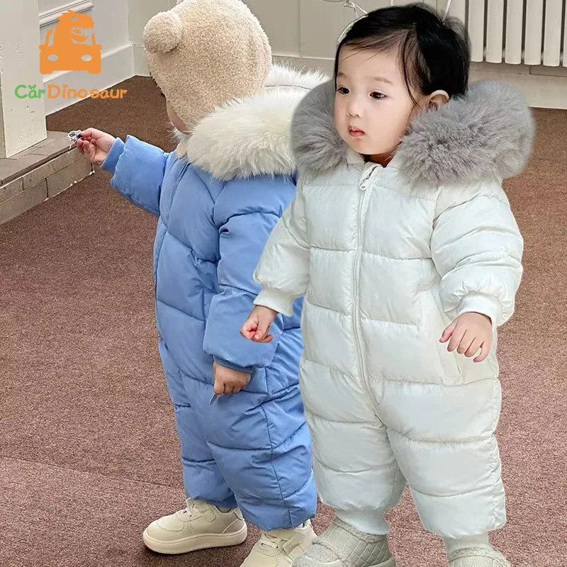 2025 Winter Warm 6M 9M 1 2 3 Years Kids Padded Coat Thicken Fur Hooded Snowsuits Infant Slimwaist Jumpsuit Baby Girl Boys Romper