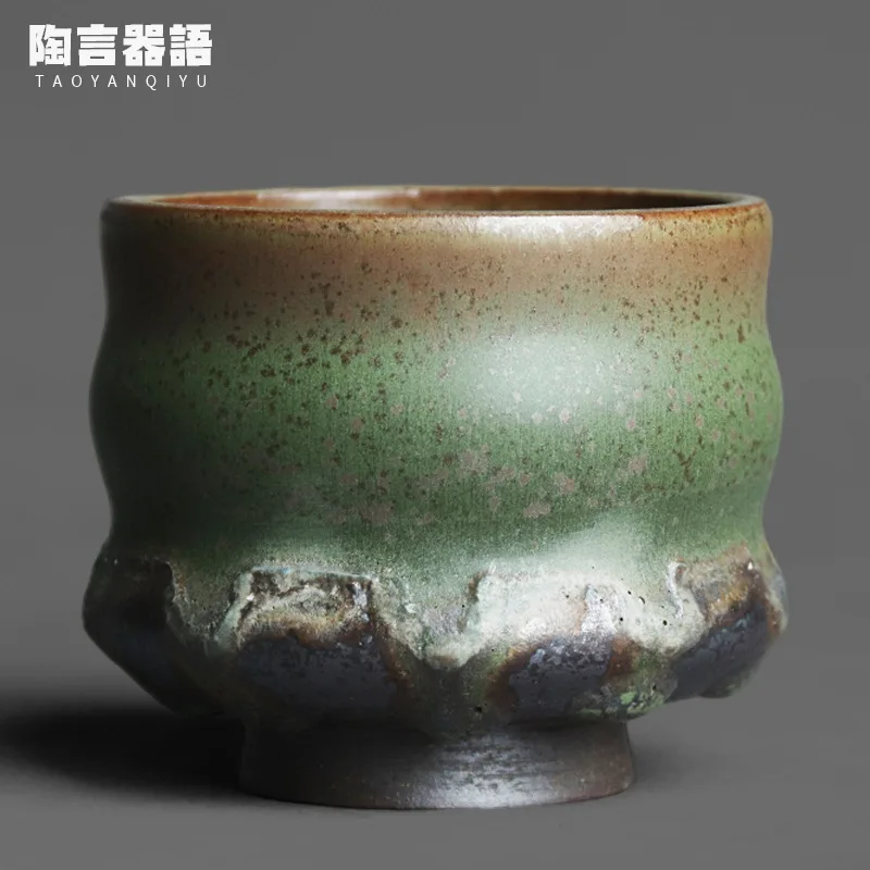 Kiln-fired bronze green glaze gilt texture large personal tea cup handmade retro pottery drinking water tea single cup