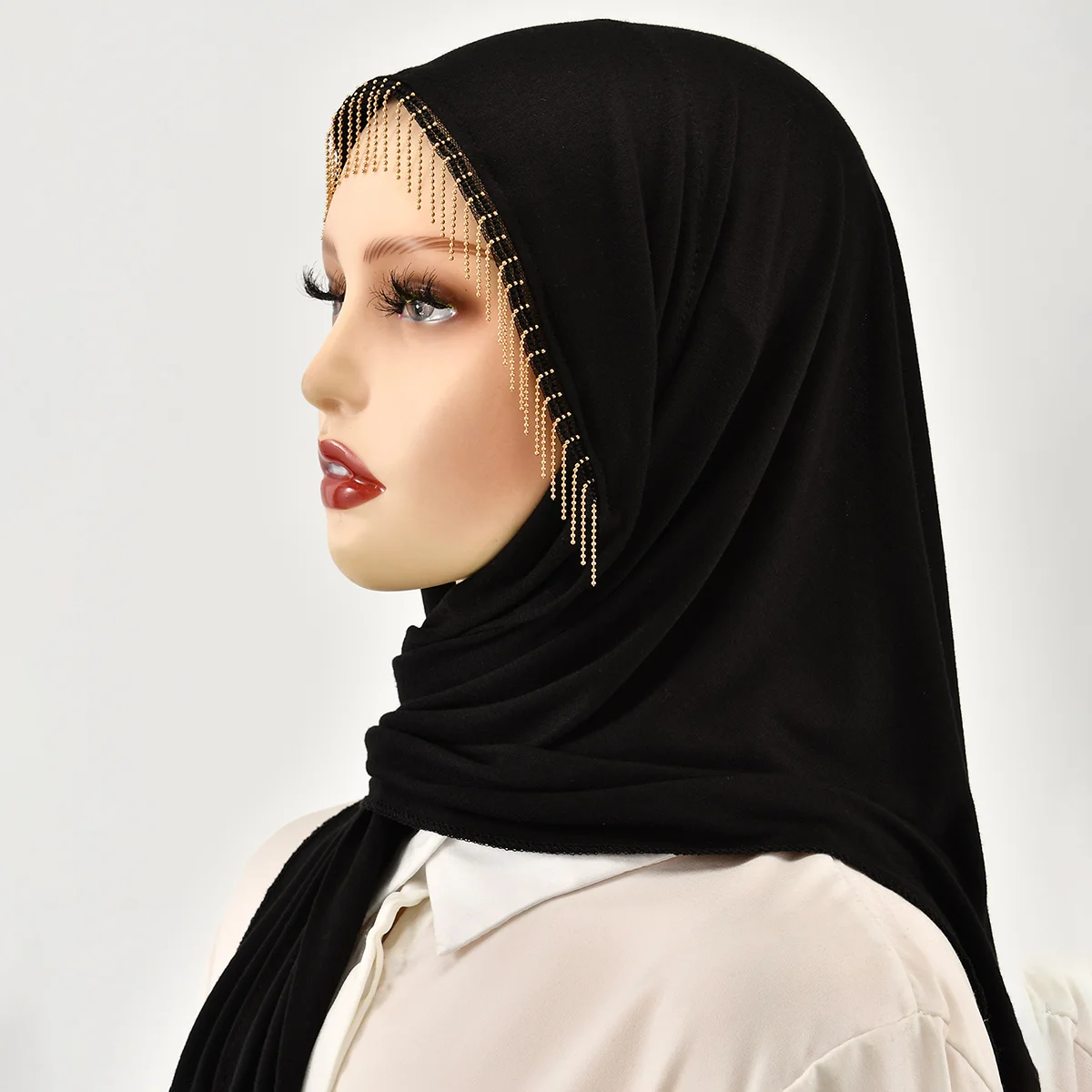 

New Golden Chain Fringes Cotton Jersey Hijab Scarf For Womna Muslim Hijab Modal Triangular Scarf Fashion Foulard Islam Turban