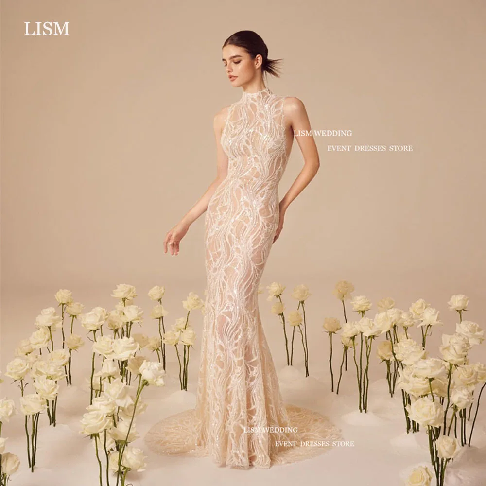 

LISM Elegant Glitter Lace Evening Dresses High Neck Sleeveless Long Mermaid Prom Gowns Floor Length Formal Party Dress