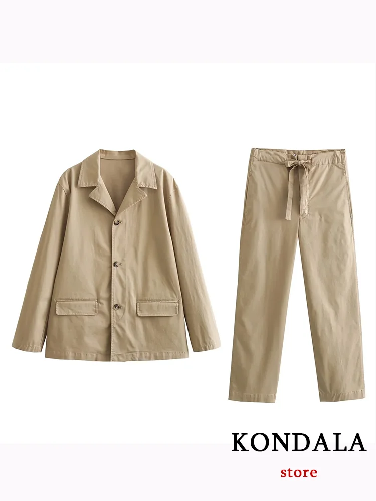 KONDALA Casual Camel Solid Women Suit V Neck Pockets Blazer Straight Loose Pants New Fashion 2023 Autumn Office Lady Twill Set