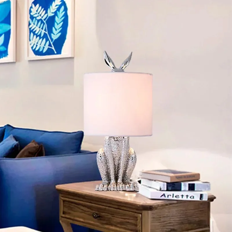Nordic Masked Rabbit LED Floor Lamp Fabric Lampshade Resin Design Living Room Decor Table Lamps Bedroom Bedside E27 Light Source