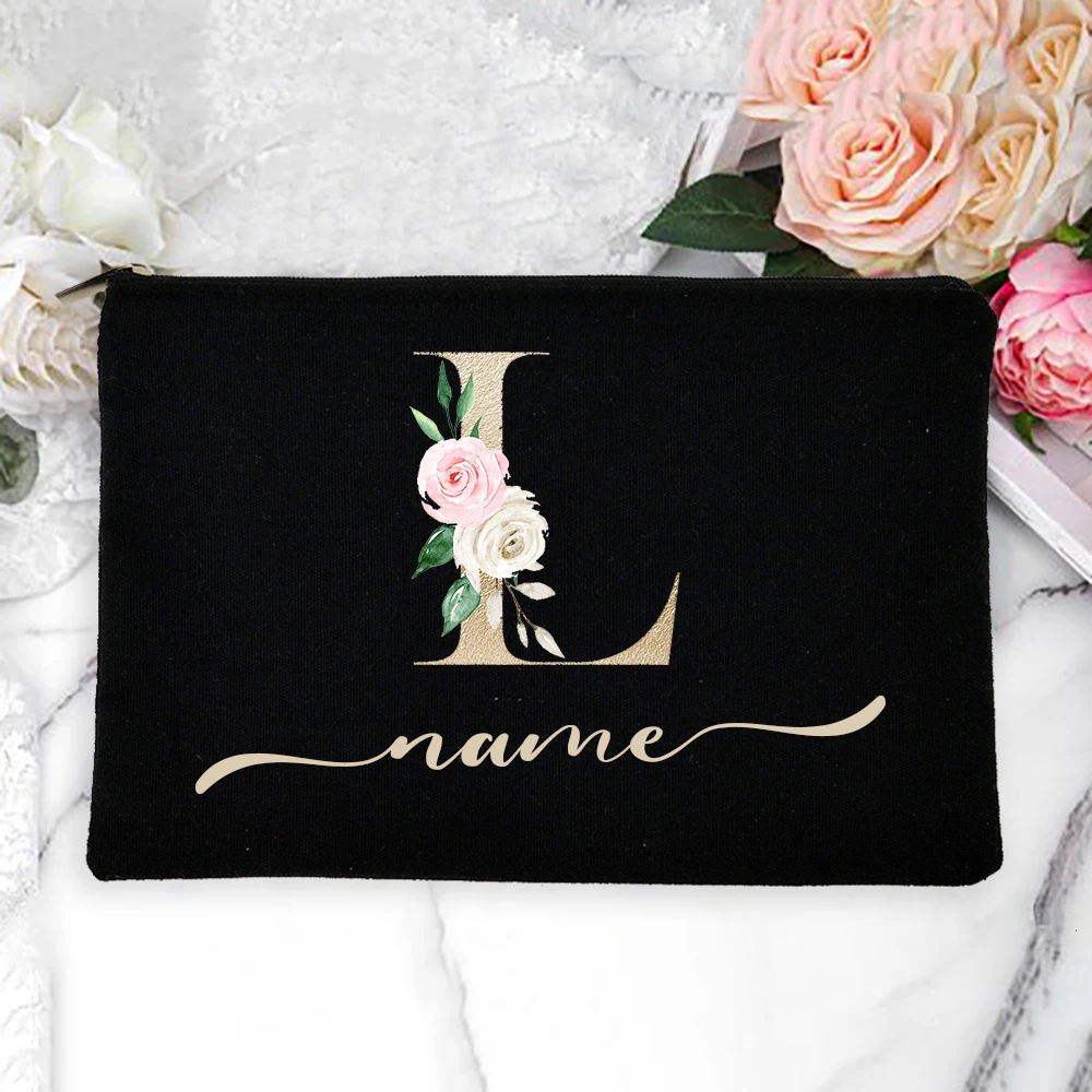 Custom Name Travel Party Wedding Gifts Personalized Name Women Makeup Bag Gold Alphabet Flowers Canvas Cosmetic Cases Handbag