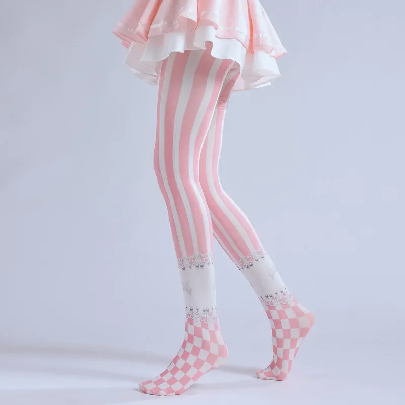 

Stretch Sweet Cute Pantyhose Women Hottie Printing Grid Lolita Chessboard Striped Style Pink Tights Sexy Vertical