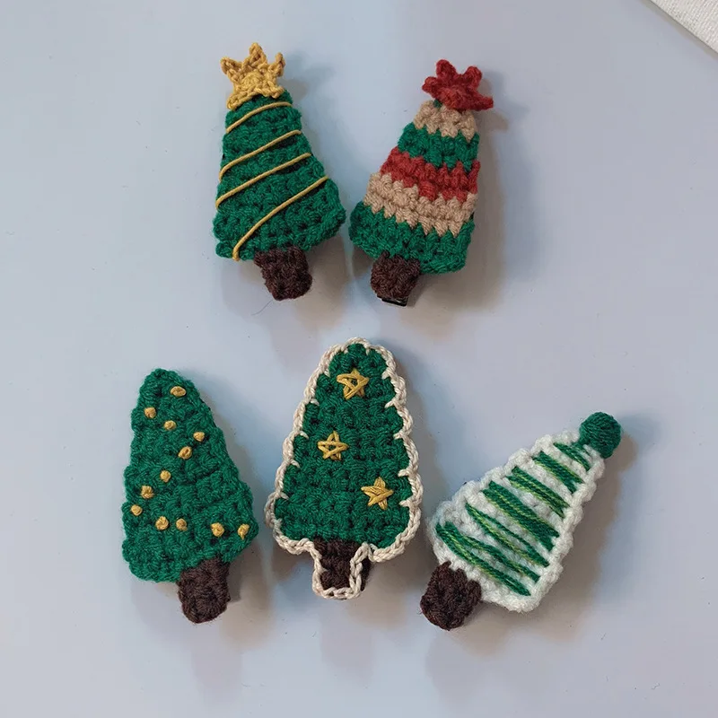 

5pcs Vintage Christmas Tree Hair Clips Cartoon Pointed Mouth Clips Rustic Hand-embroidered Hair Accessories Hairpins Edge Clips