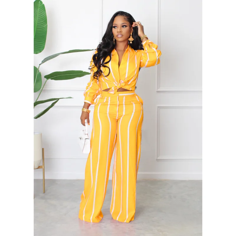 African Women Stripe Two Piece Set Fashion Casual Button Long Sleeved Shirt Wide Leg Pants 2 Piece Set Summer Lady Office Outfit