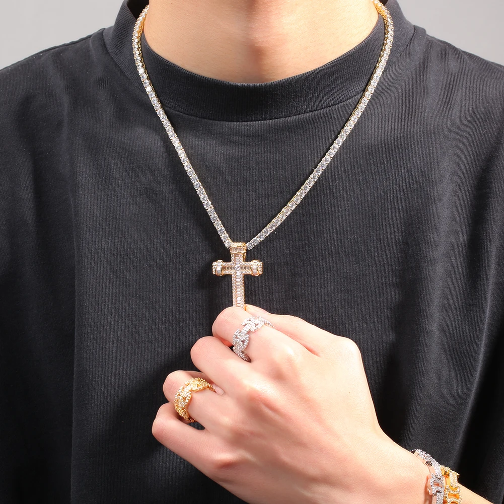 

UWIN Baguettecz Cross Pendant for Women Men Iced Out Cubic Zirconia Charms Necklaces Hip Hop Jewelry For Drop Shipping