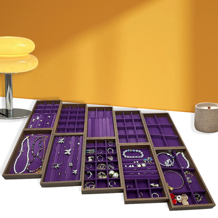 

1 шт., шкатулка для драгоценностей с узором из орехового дерева, поднос для ювелирных изделий, подходит для хранения ожерелья, колец, сережек и шпилек для ушей. Цвет: Фиолетовый