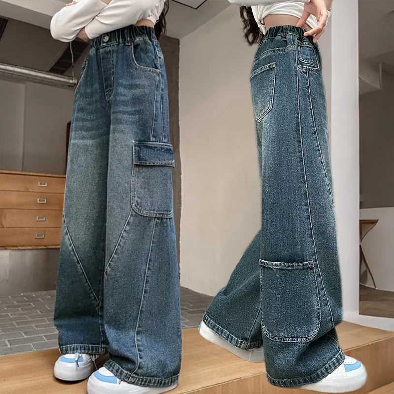 

Hot Girls y2k Retro Street Jeans With Pocket Blue Washed Straight Leg Denim Pants Kids Child Fashion Casual Harajuku Trousers