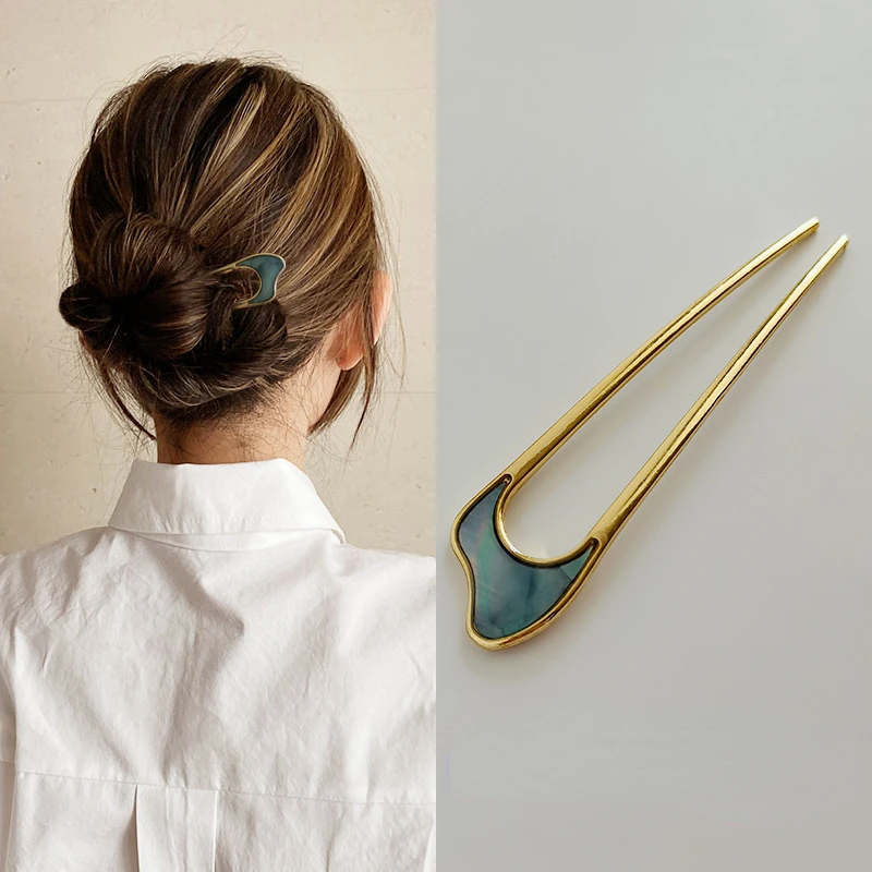 Classic Shell Gold Color Enamel Hairpin Hair Jewelry for Women Charm Stainless Steel U-shaped Hair Accessories Jewelry Headwear