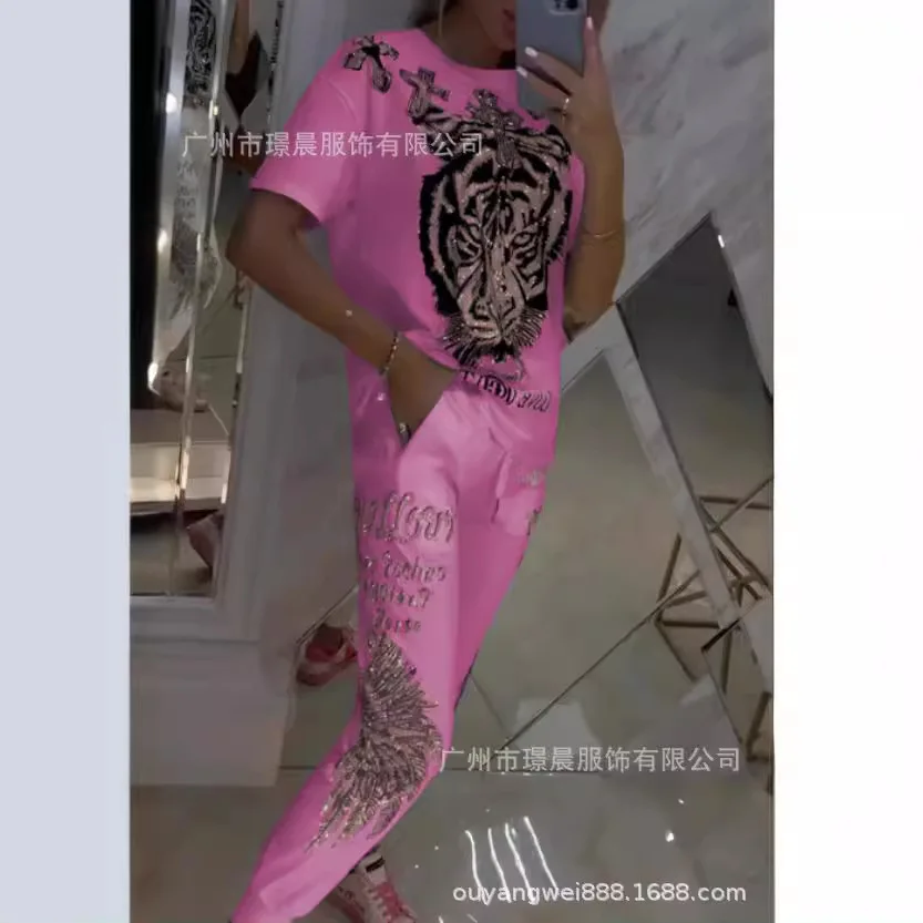 Primavera feminino terno impressão o pescoço manga curta topo rendas até calças compridas ternos feminino novo casual elegante na moda roupas das senhoras