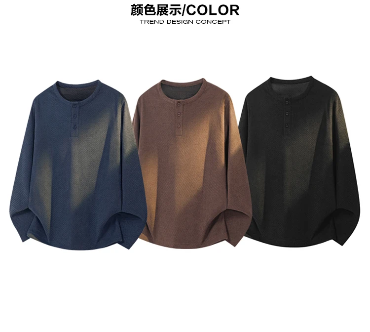 Herren-Langarmshirt mit Henley-Ausschnitt, Herbst-Übergrößen-Modell, lockere Passform, Strickoberteil, schlichtes Knopfleisten-Design, bequemes, lässiges Hemd für den Alltag – Detail 8