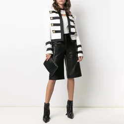 High Quality  Fashion Black And White Stitching Striped Commuting Metal Button Decoration Long-Sleeved Woman Jacket Coat