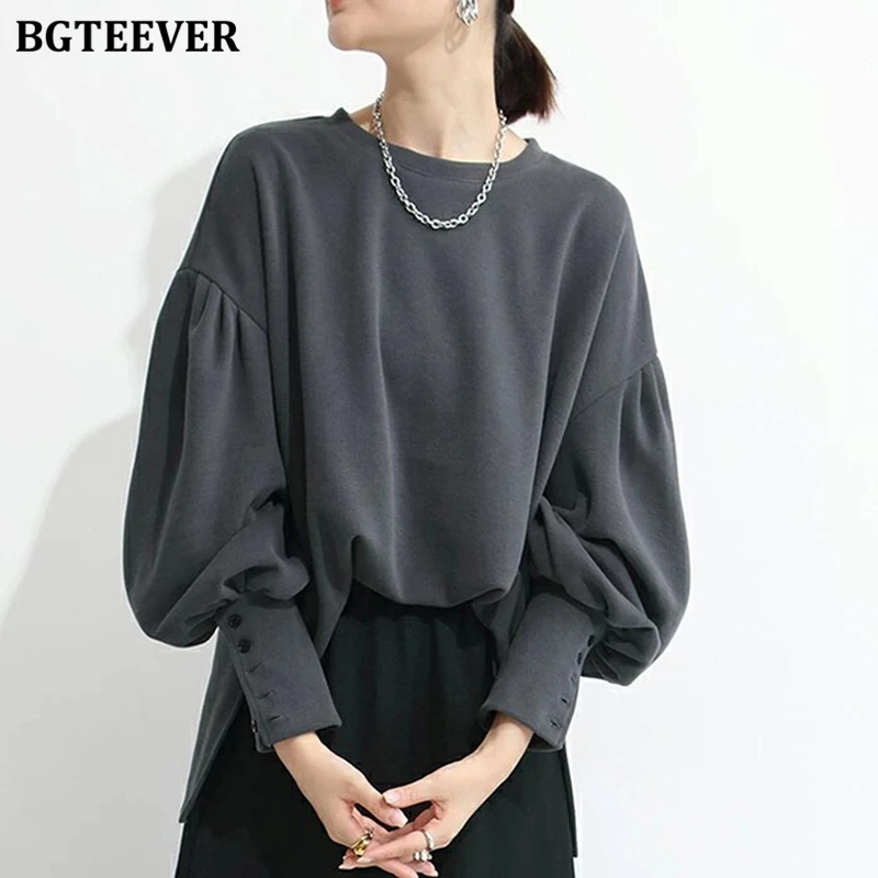 

BGTEEVER Autumn Winter Elegant Lantern Sleeve Ladies Pullovers Sweatshirts Stylish Loose O-neck Female Jumpers Women Tops