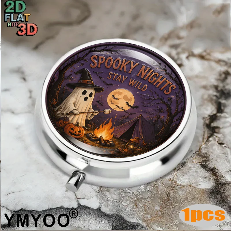Flat 1Pc Portable Pill Box Spooky Nights Halloween Camping Ghost Campfire Pumpkin-Shaped Portable Pill Case Suitable for Holiday Parties, Camping, and Travel Unique Halloween Gift Thoughtful Storage for Daily Medication Unique Design to Express Individuality