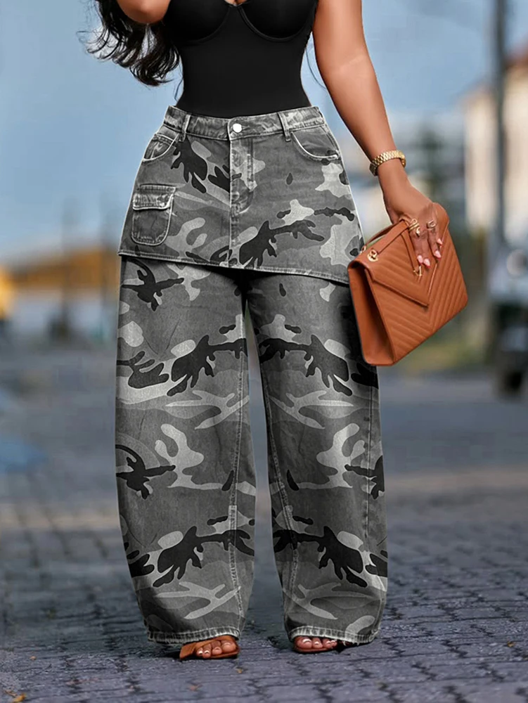 JENYAGE Damen Locker Geschnittener Vintage Camouflage-Rock mit Überwurf, Weite Hosen mit Hoher Taille, Camouflage-Muster mit Taschen, Streetwear Baggy Jeans – Detail 9