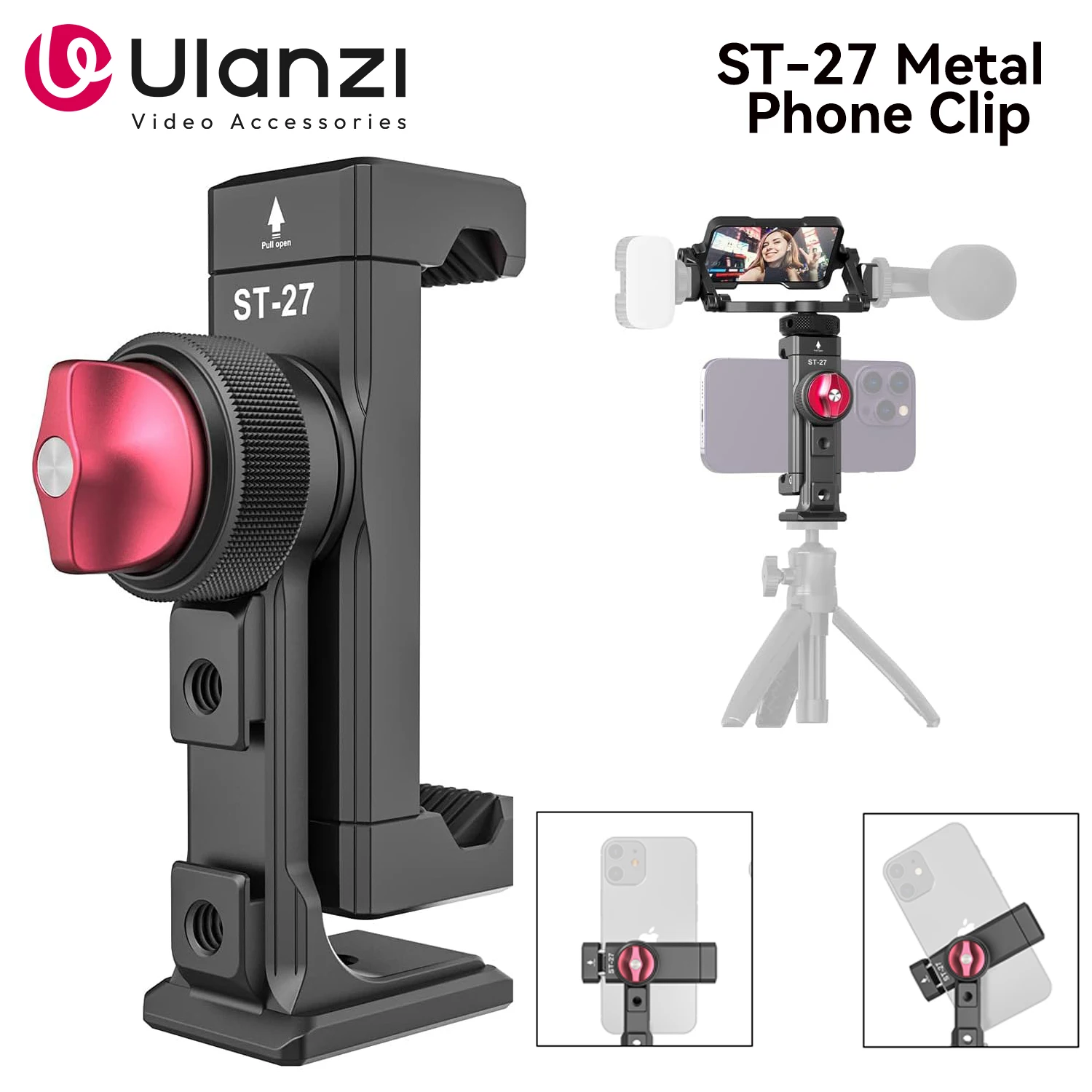 Ulanzi ST-27 Universal Metal Mobile Phone Clip With 1/4 Screw Cold Mount Flip Mirror For Bracket Selfie Tripod Stand Mount Clamp