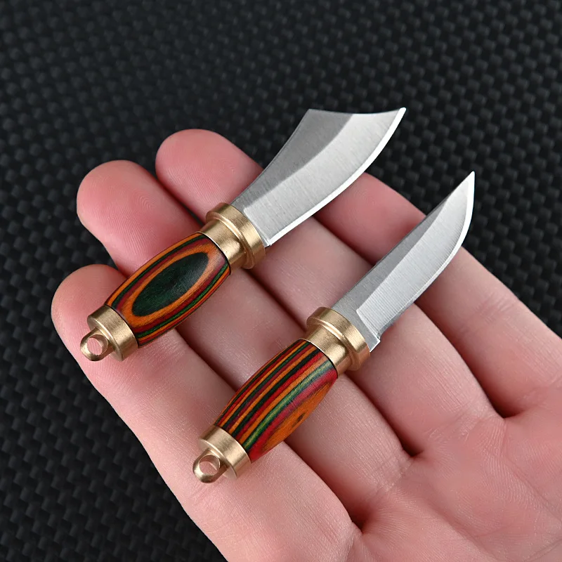 MINI Brass Wood Knife Portable Unboxing Straight Knife With Leather Case CS GO Hanging Outdoor Camping EDC Knife