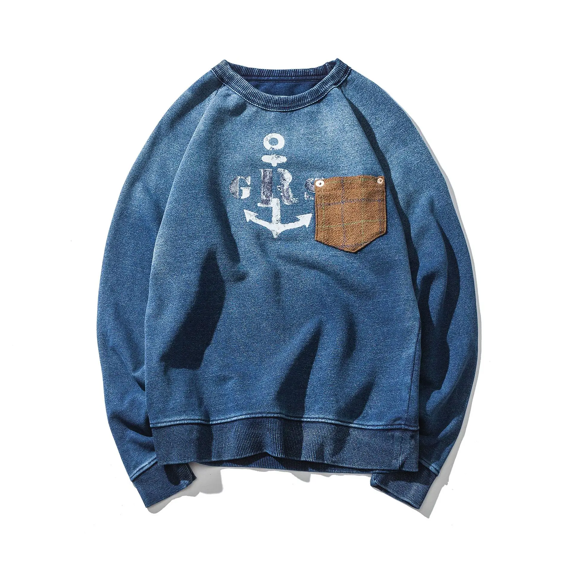 Chigu Men's American retro hand-dyed blue pullover men's sweatshirt Eagle contrast pocket jacket