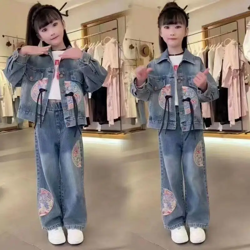 

Kawaii Casual Coat Jeans Long Pants Set New Women Fashion 2-Piece Children's Clothing Jacket Autumn Style Large Two Chinese Girl