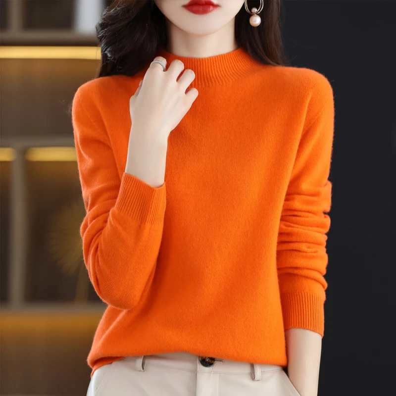 Long Sleeved Cashmere Pullover for Women, 100% Wool, Seamless Knitted, Half High Neck, Loose Sweater, Tops, Fashion,SpringAutumn