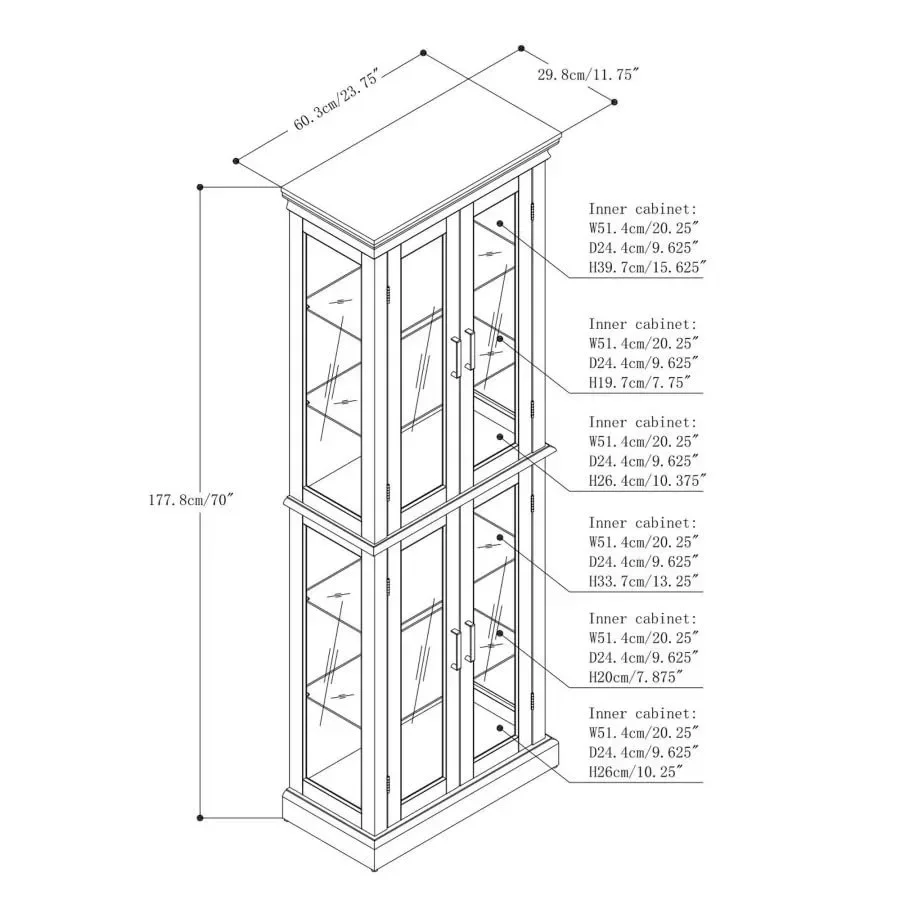 Living Room Lighted Curio Cabinet, Oak Wood, Vintage Brown, 70-inch Glass Display Case with 6 Adjustable Shelves for Liquor And