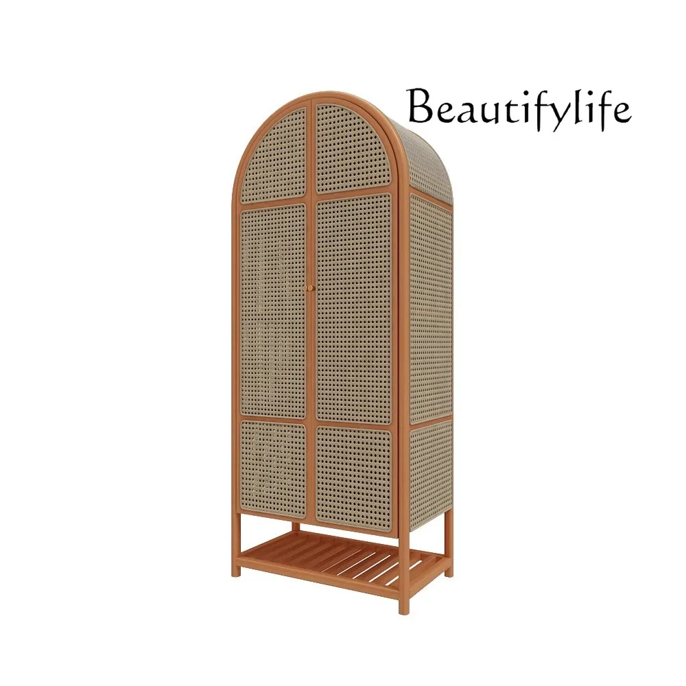 Nordic solid wood rattan wardrobe small apartment retro arched dome casement door wardrobe