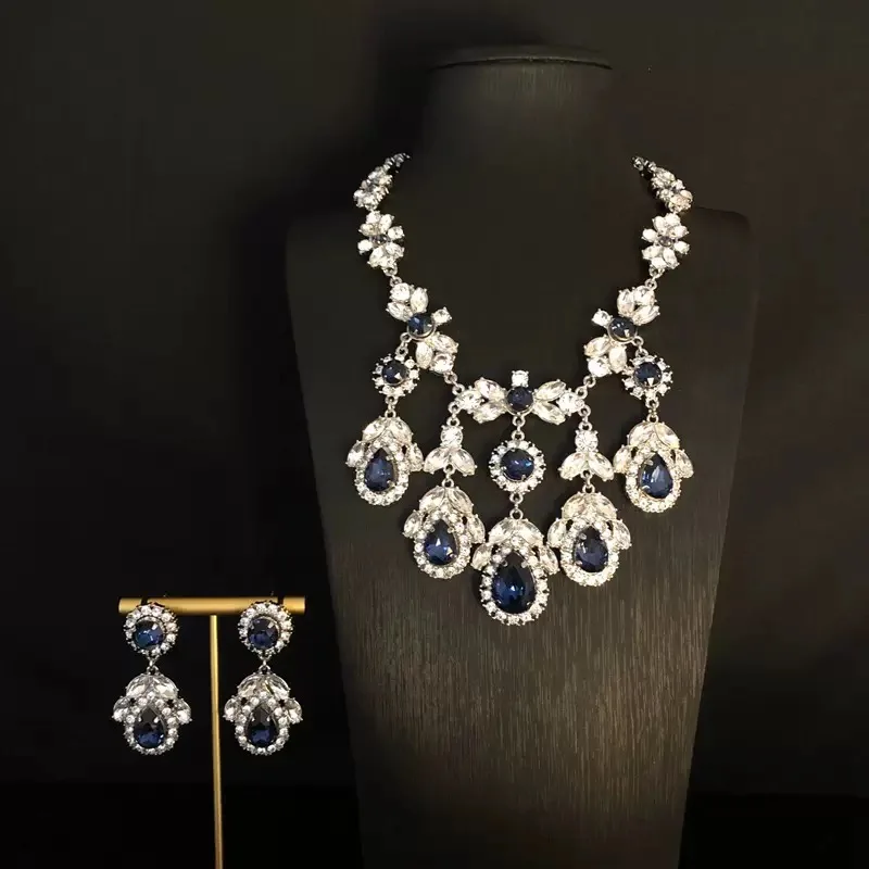 

Luxury Noble Zircon Inlaid With Sapphire Tassel Necklace Earring Woman Jewelry Sets Dress Banquet Accessories High-Quality New