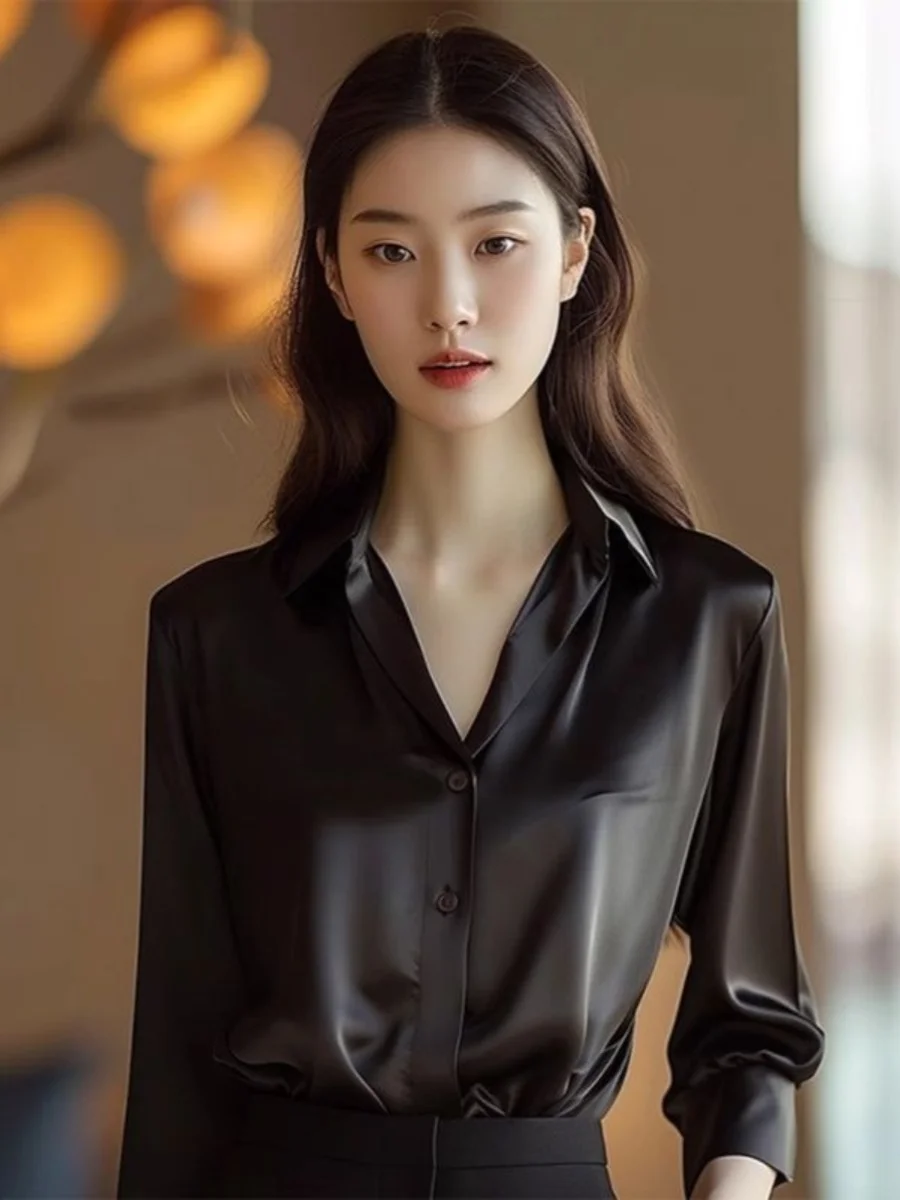 

Acetate Bla Women's irt Spring 2024 New Sle Drapey Satin Feel Top Ele High-End Feel Lightweight irt Collar