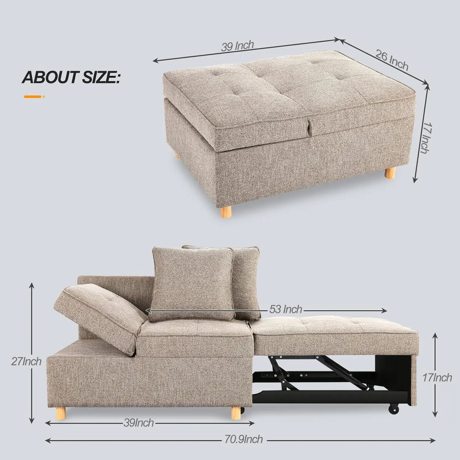 Sofa Bed Chair 4-in-1 Convertible Chair Bed, 3-Seat Linen Fabric loveseat Sofa with 2 Throw Pillow, Single Recliner for Small Sp