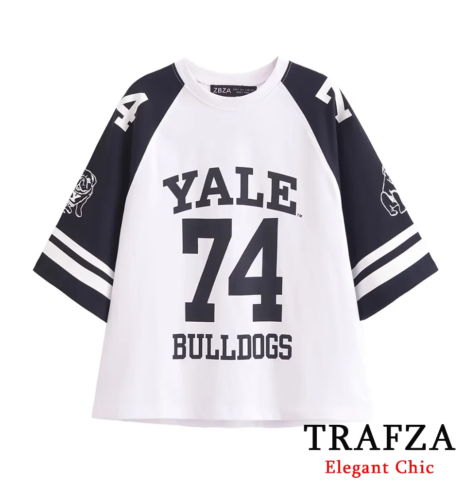 

TRAFZA Women's Loose Monogrammed Tops New 2025 Spring Autumn Fasion Shirts Top Casual Simple High Street Top Printed T-Shirts