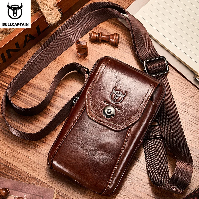 BULLCAPTAIN Genuine Leather Men's Waist Packs Phone Pouch Bags Waist Bag Male Small Chest Shoulder Belt Bag Small Waist Packs image 3