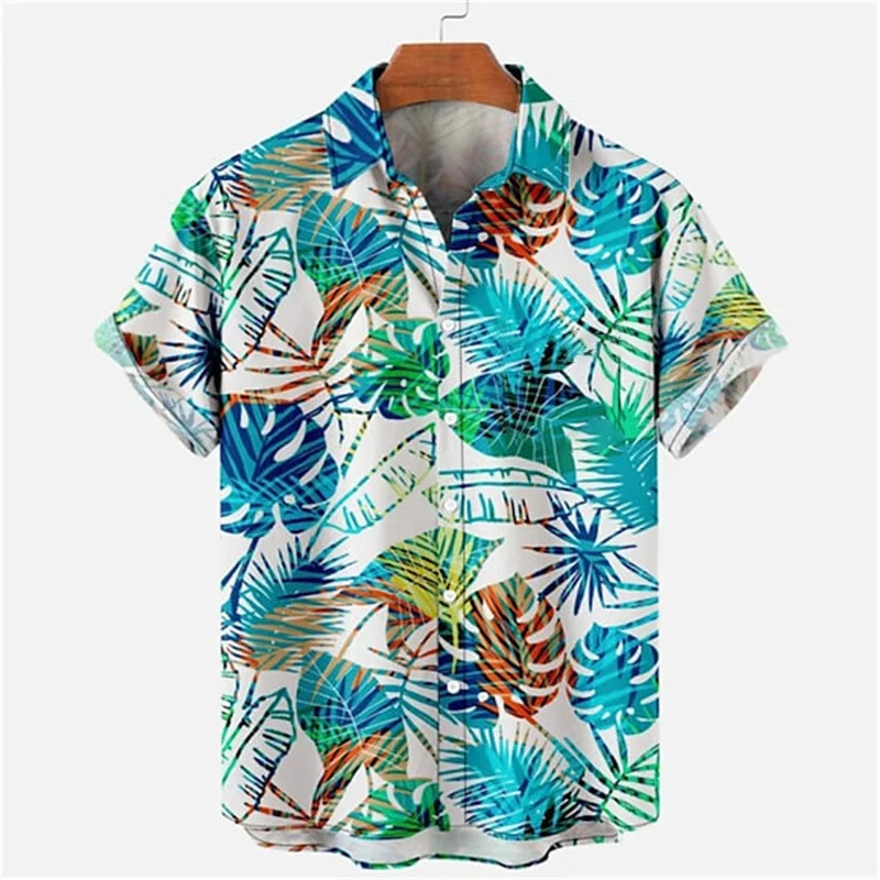 Hawaiian Tropical Plant Print Shirts Men\'s Vacation Beach Top Summer Loose Breathable Clothing Street Outdoor Short Sleeve