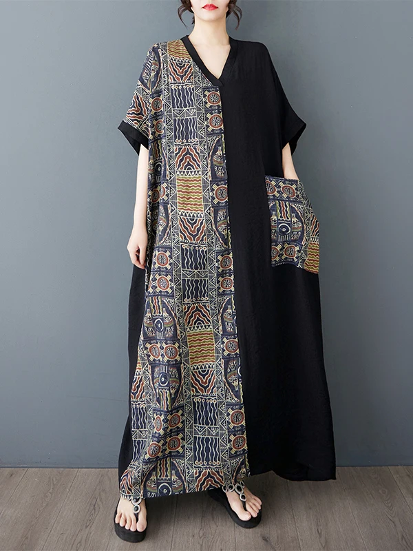 

Loose Cotton Linen Long Dr Women's ort Sve V-Ne Print Splicing Slimming Dr Summer Casual Wear Chinese Brand