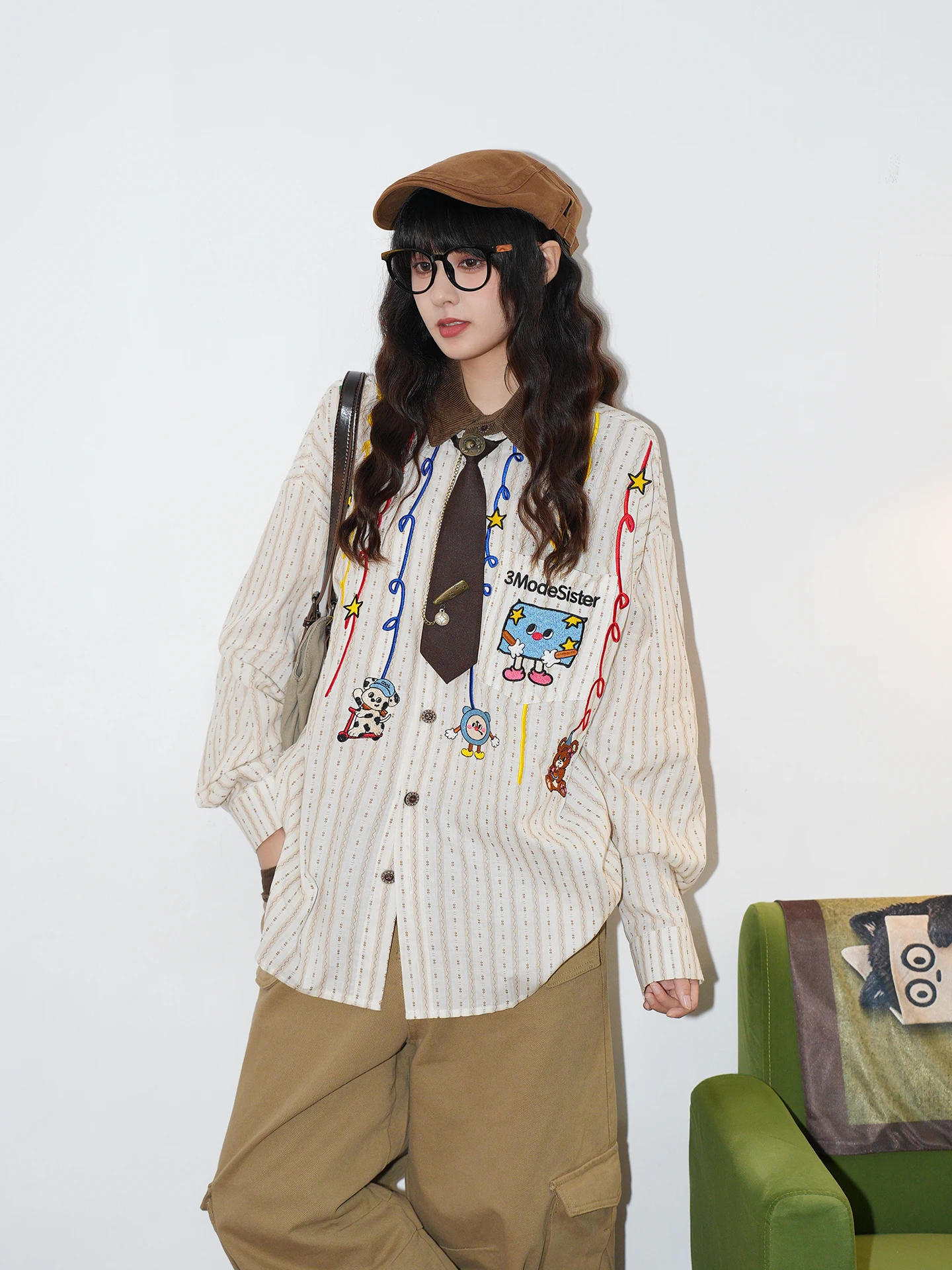 Retro American Cartoon Embroidered Long Sleeve Loose Women's Striped Shirt Breathable Cotton Casual Style Fashionable