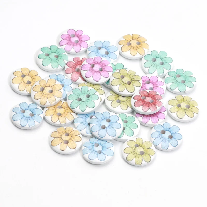 30pcs Cute Sunflower Printed 15mm 2-Holes Wooden Button for Diy Clothes Handmade Needlework Sewing Accessories Home Decorative