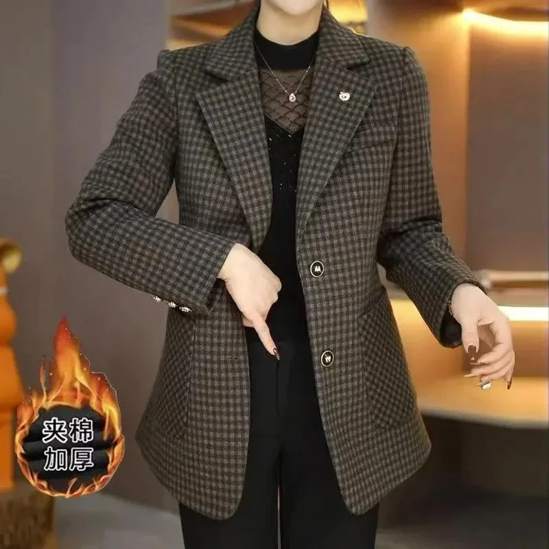 

Pop Pop Blazer Thickened Cotton Jacket With Autumn And Winter Temperament Checkered Fashion Suit Jacket Women's Autumn Casual Su