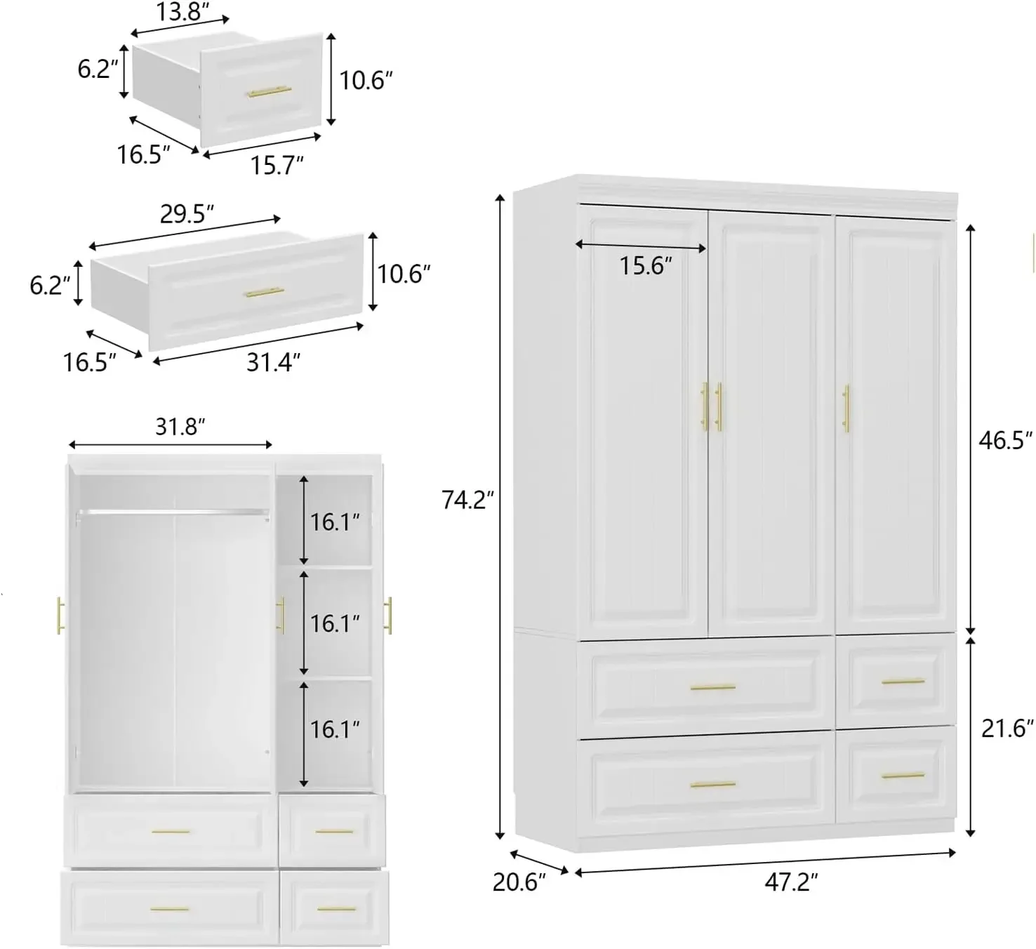 MOUMON 3-Door Wardrobe Closet with Drawers, Armoire with Hanging Rod & Gold Handles, 47.2