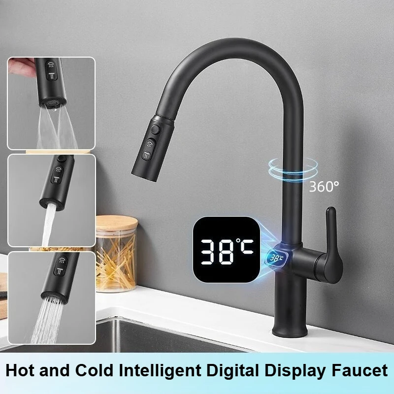 Pull-out Digital Display Kitchen Sink Faucet Household WashBasin Faucets Hot and Cold Mixer Tap 3 Modes Spray Faucets