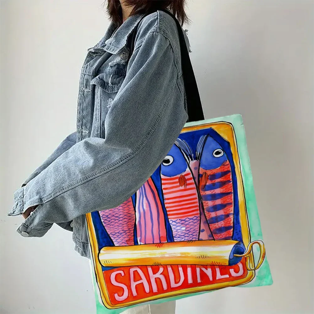 Bolso casual colorido de moda con estampado de sardines, mochila de moda reutilizable, bolso de mano multifuncional, bolso de compras de poliéster