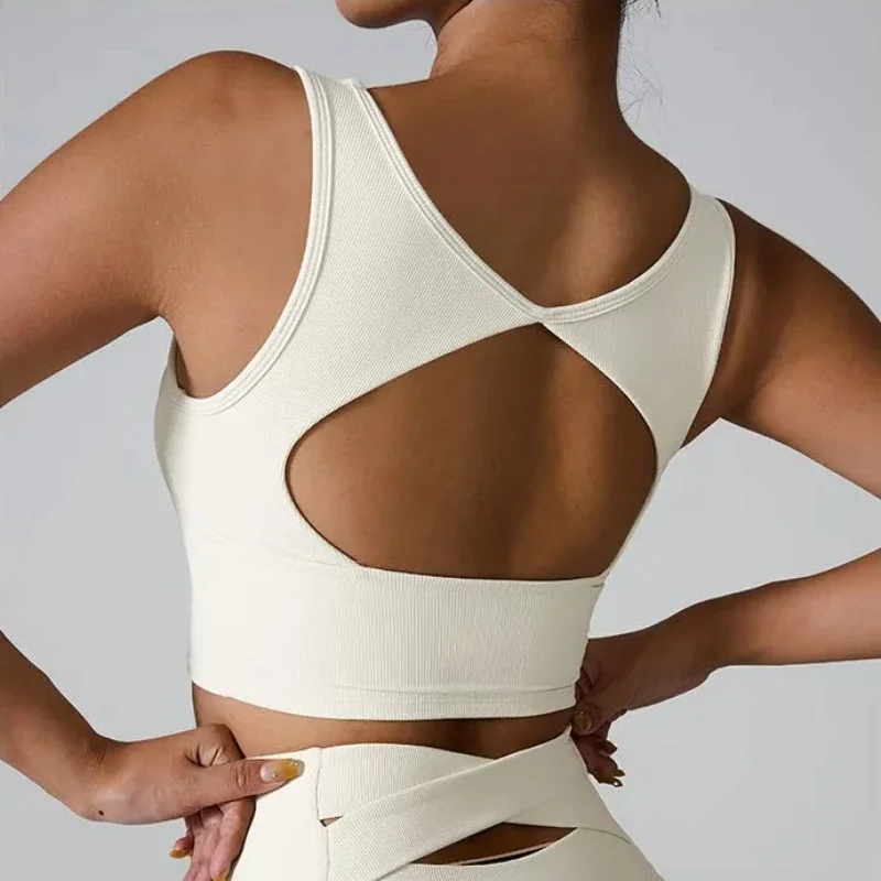 

Square Neck Seamless Yoga Vest Quick-Drying Fitness Vest With Pads One-Piece Fixed Cup Sports Bra Beauty Hollow Back Yoga Bras