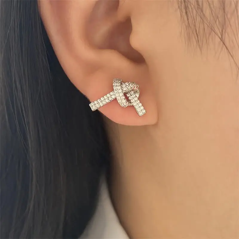 Uilz Shiny Zircon Knotted Stud Earrings For Women Korean Trendy Silver Color Earring Daily Work Jewelry