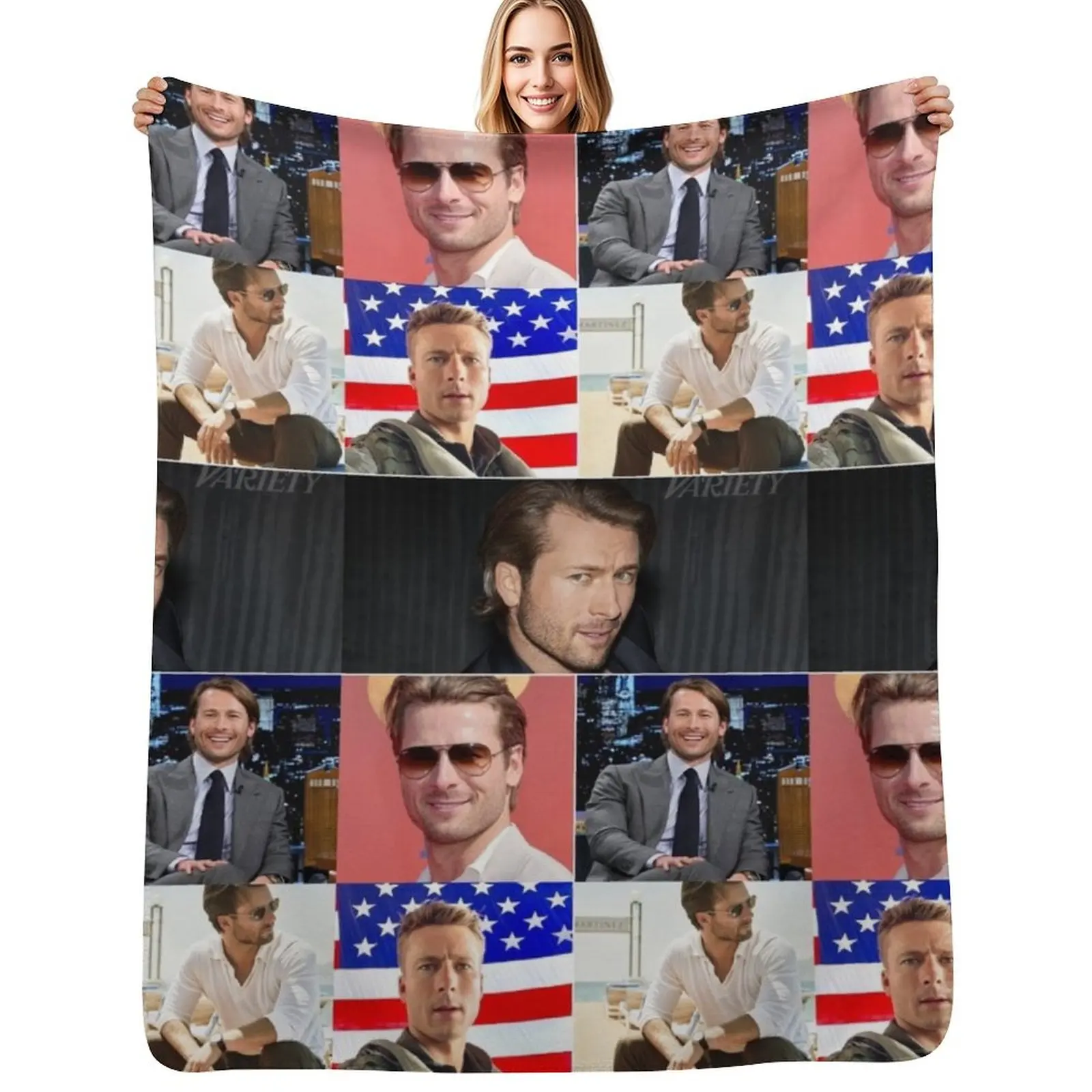 

Glen Powell American actor Cool Photos Compilation Collage - 1 Throw Blanket Stylish Warm Blanket for Living Room Bedroom